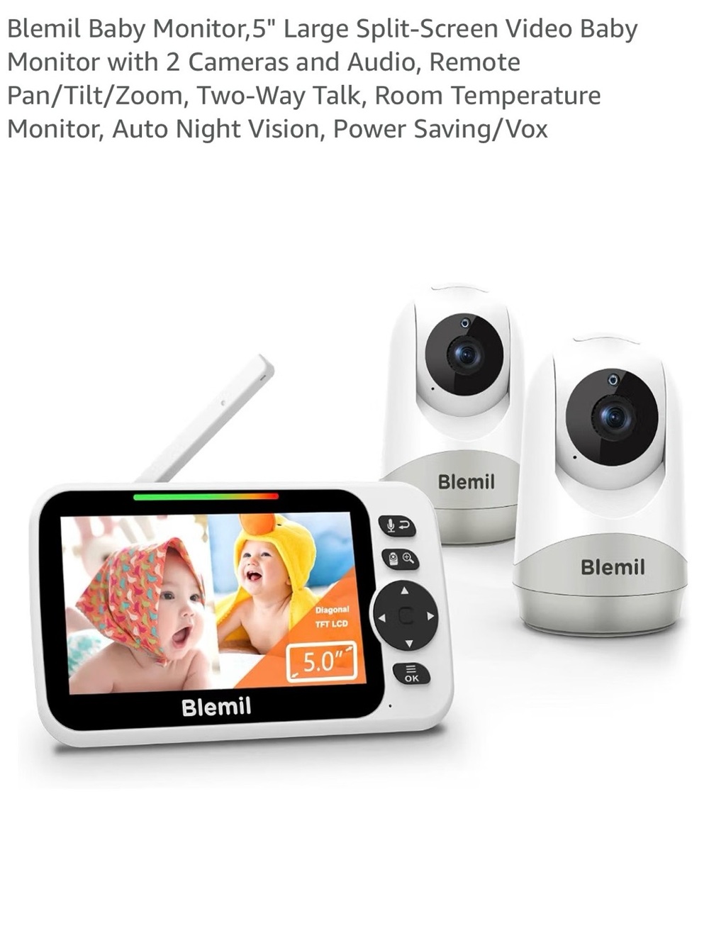5" Split-Screen Video Baby Monitor with 2 Cameras - White